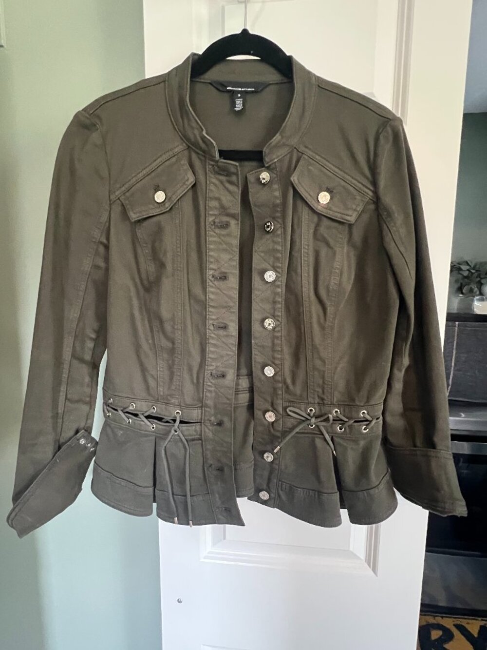 White House Black Market Olive Utility Jacket Size S Cinch Waist Lightweight Mil